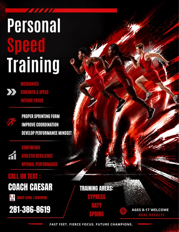 Coach Caesar — Personal Speed Training flyer — Sprint form · speed development · ages 8–17. Cypress · Katy · Spring. Phone 281-386-8619.