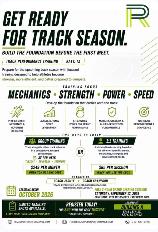 RIIZE Sports Performance flyer — Sprint mechanics · strength · power · speed. Katy. Phone 713-429-9476.